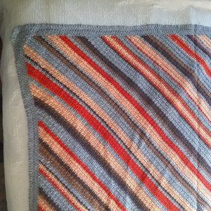 Vintage afghan hand-crocheted blanket throw diagonal stripes 60”x 62” 1980s